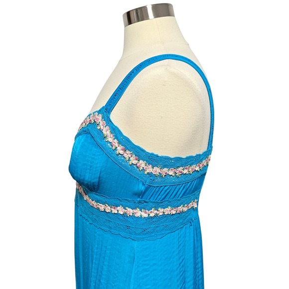 Betsey Johnson Satin Teal Maxi Dress Size 6 Floral Lace Trim Sweetheart Y2K - Picture 3 of 12